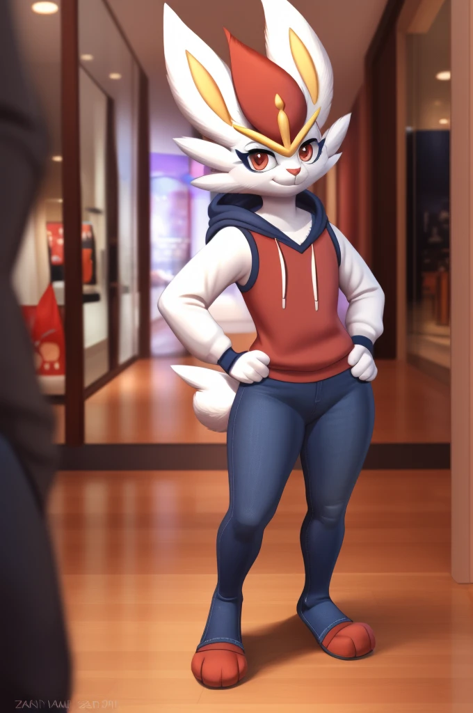 cinderace, female, full body, red eyes, eyelashes, (soft shading), 4k, hi res, five fingers, detailed hands, ((detailed face, (detailed eyes:1.0), detailed)), by zackarry911, by zaush, (by personalami:0.5), hoodie, jeans, standing, sexy look, hands on hips, smiling, looking at viewer, front view, indoors, shopping mall, rabbit tail, full body view 