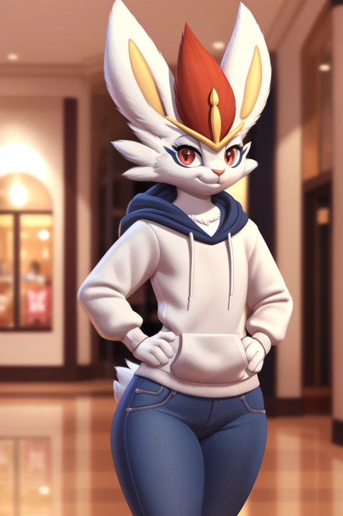 cinderace, female, full body, red eyes, eyelashes, (soft shading), 4k, hi res, five fingers, detailed hands, ((detailed face, (detailed eyes:1.0), detailed)), by zackarry911, by zaush, (by personalami:0.5), hoodie, jeans, standing, sexy look, hands on hips, smiling, looking at viewer, front view, indoors, shopping mall, rabbit tail, full body view 