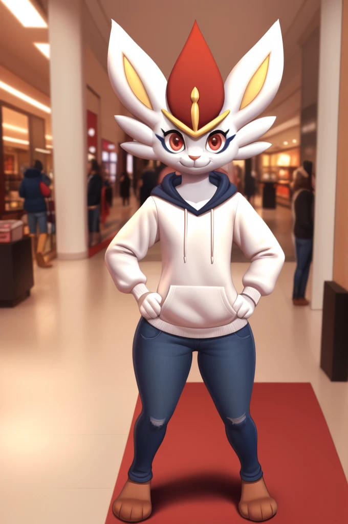 cinderace, female, full body, red eyes, eyelashes, (soft shading), 4k, hi res, five fingers, detailed hands, ((detailed face, (detailed eyes:1.0), detailed)), by zackarry911, by zaush, (by personalami:0.5), hoodie, jeans, standing, sexy look, hands on hips, smiling, looking at viewer, front view, indoors, shopping mall, rabbit tail, full body view 