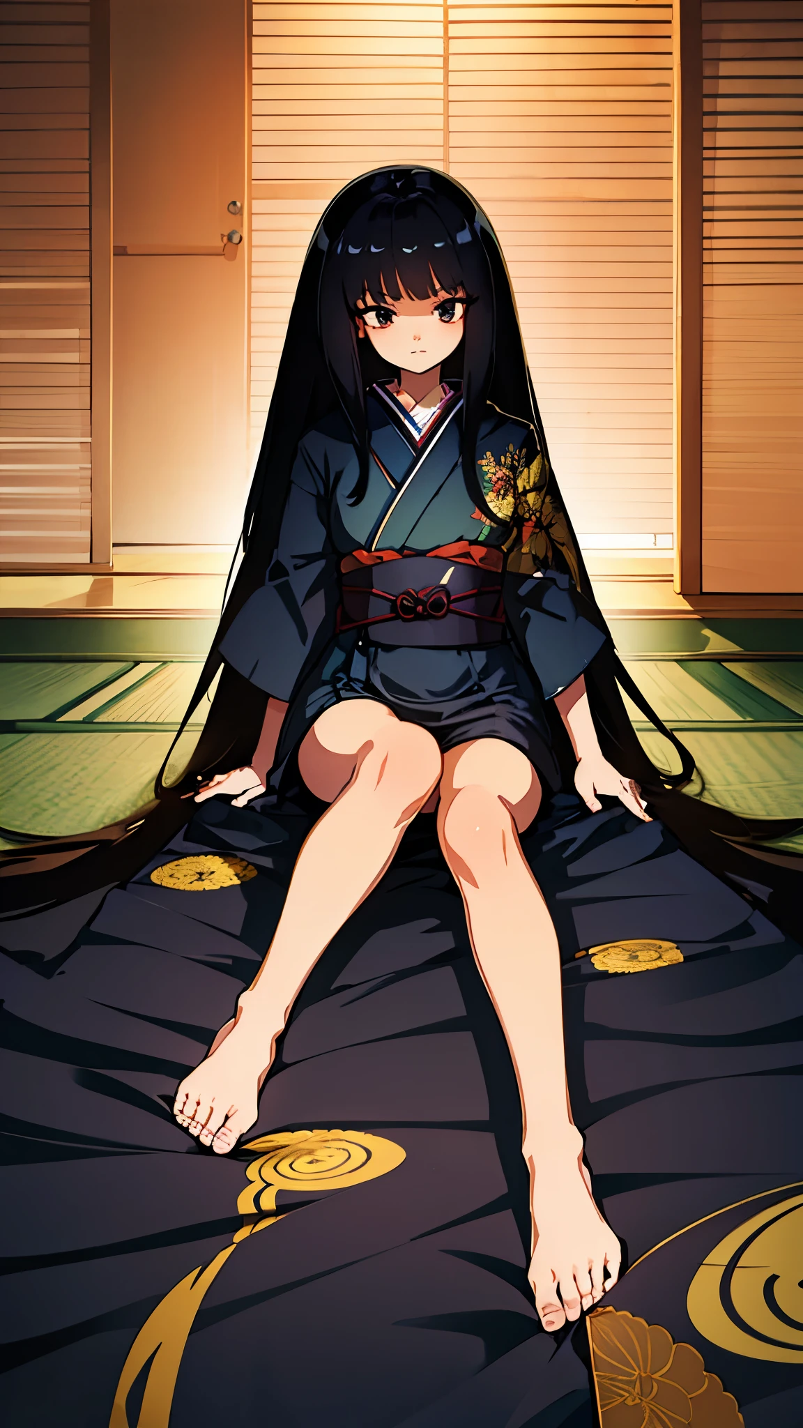 ultra high res, Best quality, japanese room, tatami, night, UHD, adult body, long black hair, dark blue yukata, looking at the something far away with a stern expression, bare foot, anime style, line1:0.1, sharpen, 32k, high detailed, plain, masterpiece, intense gaze, dark eyelashes, slightly hanging eyes,