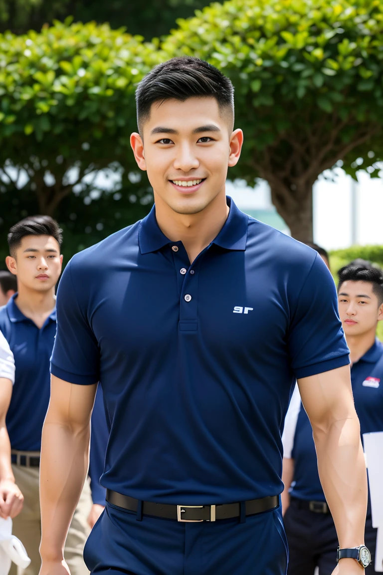 (Create a masterpiece: 1.2),(CGI art:1.3),(realistic:1.5),(After processing:1.3),(Sharp focus:1.3),10,1 man, smile, (Wear a navy polo shirt...), Navy cargo pants, Korean guy , korean men, (High gloss details), chest muscles, large arm muscles, blood vessel, Big muscles, Broad shoulders, looking at the audience, Balancing the eyes, supermarket,