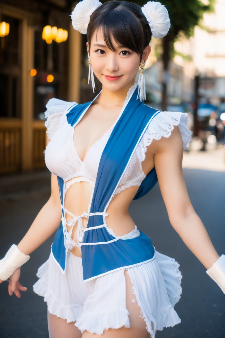 Street Fighter character Chun Li，Wear a classic blue and white lace bra,thong,plump breasts， white trim and gold embellishment ， high slit design ，The hair is combed into the iconic double ball head and wrapped in a white cloth， with white ribbon hair accessories and spiked bracelet ， The costume has a soft satin luster ，Delicate skin texture， elegant and powerful posture ， ultra-fine jewelry ， facial expressions close-up ，Soft Light，(((A Serious and Confident Close-Tooth Smile for Winning Battles,Half-length portrait, black pantyhose ,fighting stance,Slightly abs))) The background is a delicate drapery decoration ， Canon EOS R5 camera ，85mm lens ， The Highest Level Ultra Realistic， PHOTO QUALITY DETAILS --style raw --s 400 --ar 4:3 -- in 6
