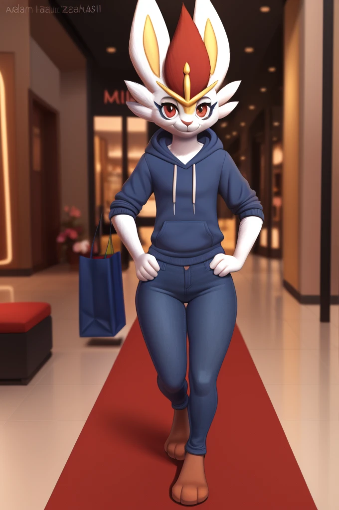 cinderace, female, full body, red eyes, eyelashes, (soft shading), 4k, hi res, five fingers, detailed hands, ((detailed face, (detailed eyes:1.0), detailed)), by zackarry911, by zaush, (by personalami:0.5), hoodie, jeans, standing, sexy look, hands on hips, smiling, looking at viewer, front view, indoors, shopping mall, rabbit tail, full body view 