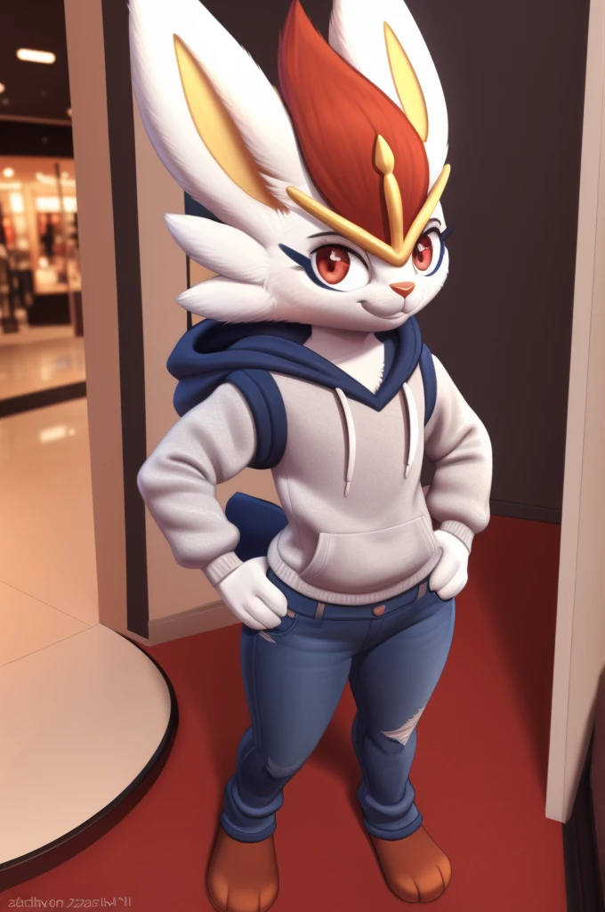 cinderace, female, full body, red eyes, eyelashes, (soft shading), 4k, hi res, five fingers, detailed hands, ((detailed face, (detailed eyes:1.0), detailed)), by zackarry911, by zaush, (by personalami:0.5), hoodie, jeans, standing, sexy look, hands on hips, smiling, looking at viewer, front view, indoors, shopping mall, rabbit tail, full body view 