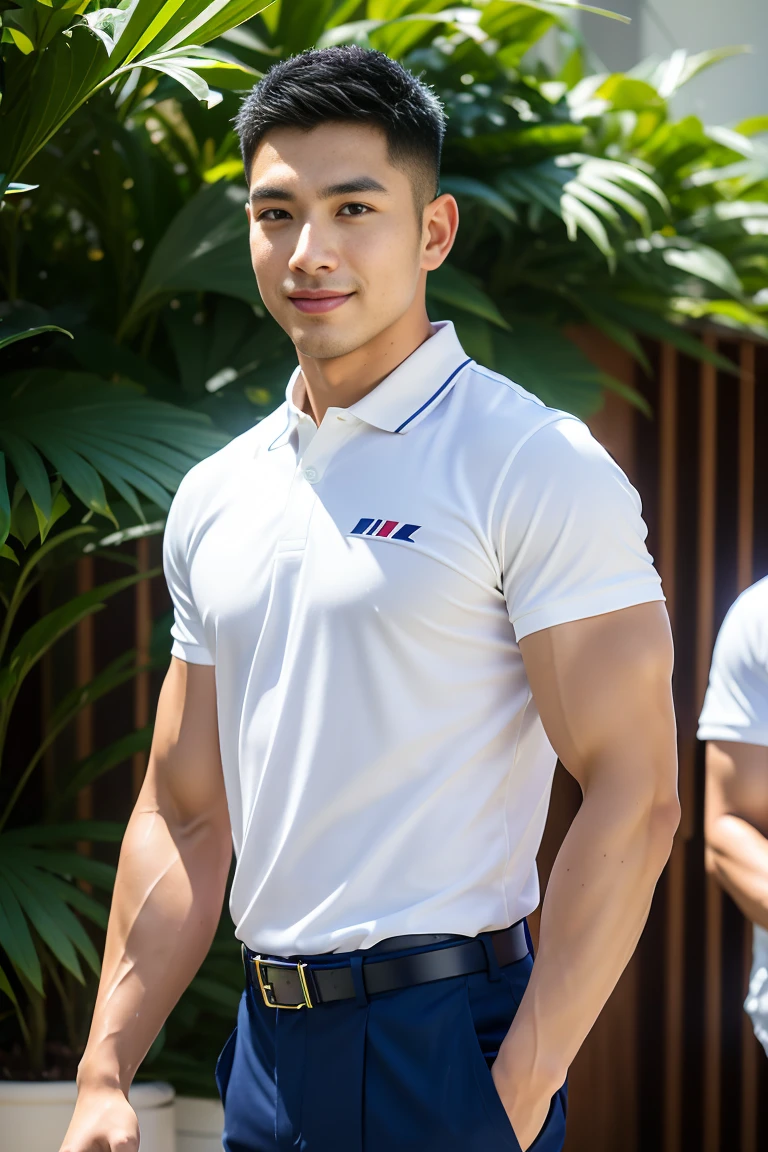 (Create a masterpiece: 1.2),(CGI art:1.3),(realistic:1.5),(After processing:1.3),(Sharp focus:1.3),10,1 man, smile, (Wear a navy polo shirt...), Navy cargo pants, Korean guy , korean men, (High gloss details), chest muscles, large arm muscles, blood vessel, Big muscles, Broad shoulders, looking at the audience, Balancing the eyes, rice field