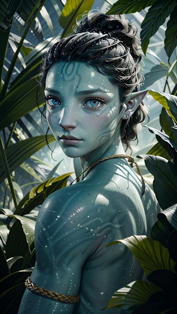 1 girl, Close Up face Portrait blue skin, icy white eyes, black hair, looking at viewer, portrait, in a jungle, hyper detailed, cinematic lighting, 8k, photorealistic, smooth skin, masterpiece, award winning digital art, moody atmosphere, dramatic shadows, vibrant colors, cinematic composition, flat chest, Accessoires,  