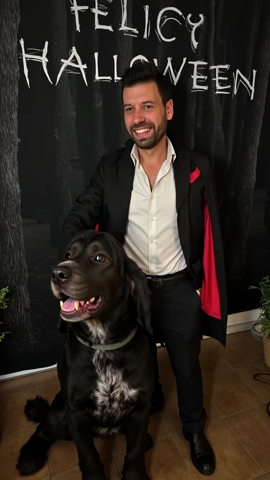 A highly detailed, realistic image of a man dressed and made up as an authentic Dracula, complete with pale skin, sharp fangs, and realistic blood marks on his face. Beside him stands a large dog, matching his height, also dressed in a Halloween costume with spooky details. The background is a dark, eerie forest with faint shadows and mist, creating a chilling atmosphere. At the top of the image, in a stylized, haunting font, the words 'Feliç Halloween!' appear, adding to the Halloween spirit of the scene