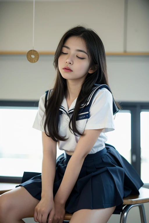 (masterpiece, ultra high definition, 16k, RAW photo, intricate), (sharp focus, crisp details), (rich colors, vibrant details), (1girl, li, cute, ba (sailor Uniform, white shirt, navy blue skirt:1.2), (hypnosis, coin on string, pendulum coin), (Pendulum before her eyes:1.5), Simple pendulum string, ultra detailed pendulum coin, (expressionless,  eyes closed, Asleep:1.3), after school, School classroom, sitting chair,  arms between legs, (cowboy shot)