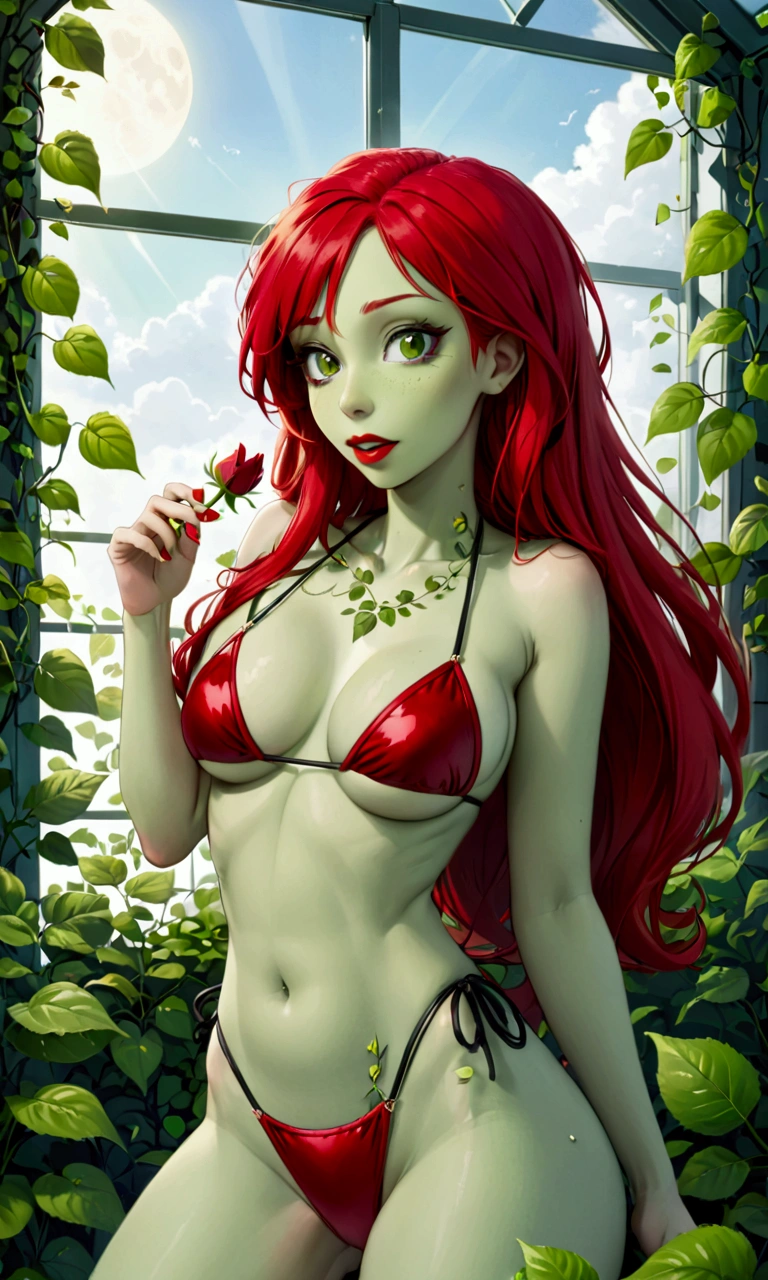 DC's poison Ivy (cute, femme fatale, light green skin, red hair, deep red lips, bikini composed of a few leaves) is flirting with viewer while she plays with her mans eating red rose bush,green house
