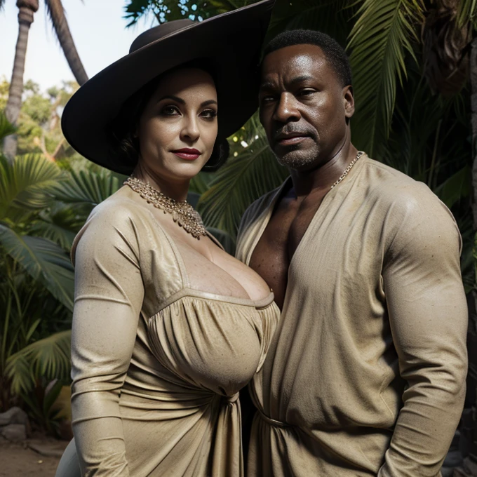 alcina dimitrescu standing with a African old man in the jungle, alcina dimitrescu, resident evil, character, African old man with alcina dimitrescu, huge breasts,hat, high quality, detailed, ultra realistic, ultra quality,8k,4k, perfect eyes, perfect face, perfect hands, standing, morning, Deep cleavage, Beautiful smile, detailed face, high detailed, yellow pupils, perfect lighting, full body,old man gripping her waist, couples, beautiful gown, perfect eyes, detailed eyes,