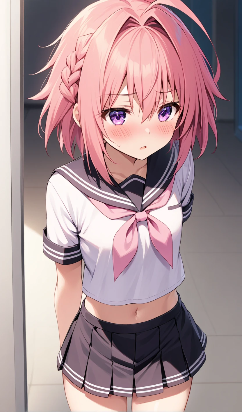 Astolfo, long pink hair, purple eyes, long braid, wearing a cropped sailor shirt, flat chest, skort, shy blush, adorable, tomboy, femboy, trap, perfect anatomy