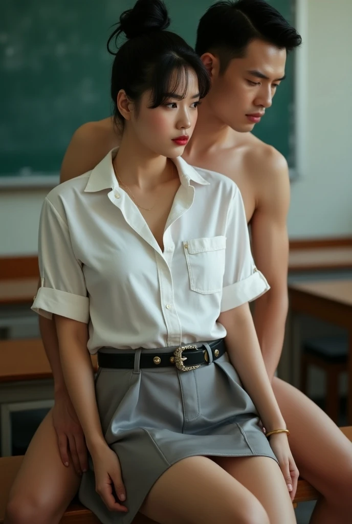 Young Chinese American twin's ( boy and girl ), 17 years old, military haircut, dark hair, intense blue eyes, intense gaze, affiliated features, no facial hair, height 1.80, weight 80 kg, muscular build, broad shoulders, V-shaped body, sleeves tattoo's on right arm, full body focus, completely hairless, black belts