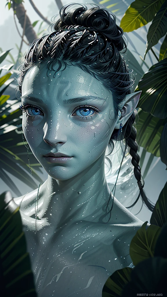 1 girl, Close Up face Portrait blue skin, Portrait, Face close-up, icy white eyes, black hair, looking at viewer, portrait, in a jungle, hyper detailed, cinematic lighting, 8k, photorealistic, smooth skin, masterpiece, award winning digital art, moody atmosphere, dramatic shadows, vibrant colors, cinematic composition, 