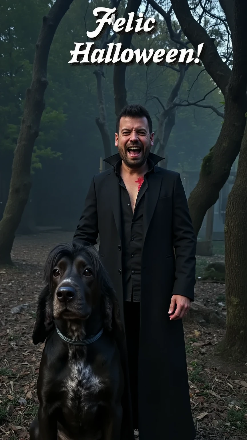 A hyper-realistic image of a man dressed as Dracula, standing at full height with an intense, frightening expression, sharp vampire fangs, and detailed blood streaks across his face. Beside him is a dog of the same height, also dressed in a spooky Halloween costume, with details to match the eerie vibe. The background is a dark, misty forest, with twisted trees creating an unsettling, cinematic atmosphere. At the top, a chilling font displays 'Feliç Halloween!' adding a festive, haunting touch to the scene