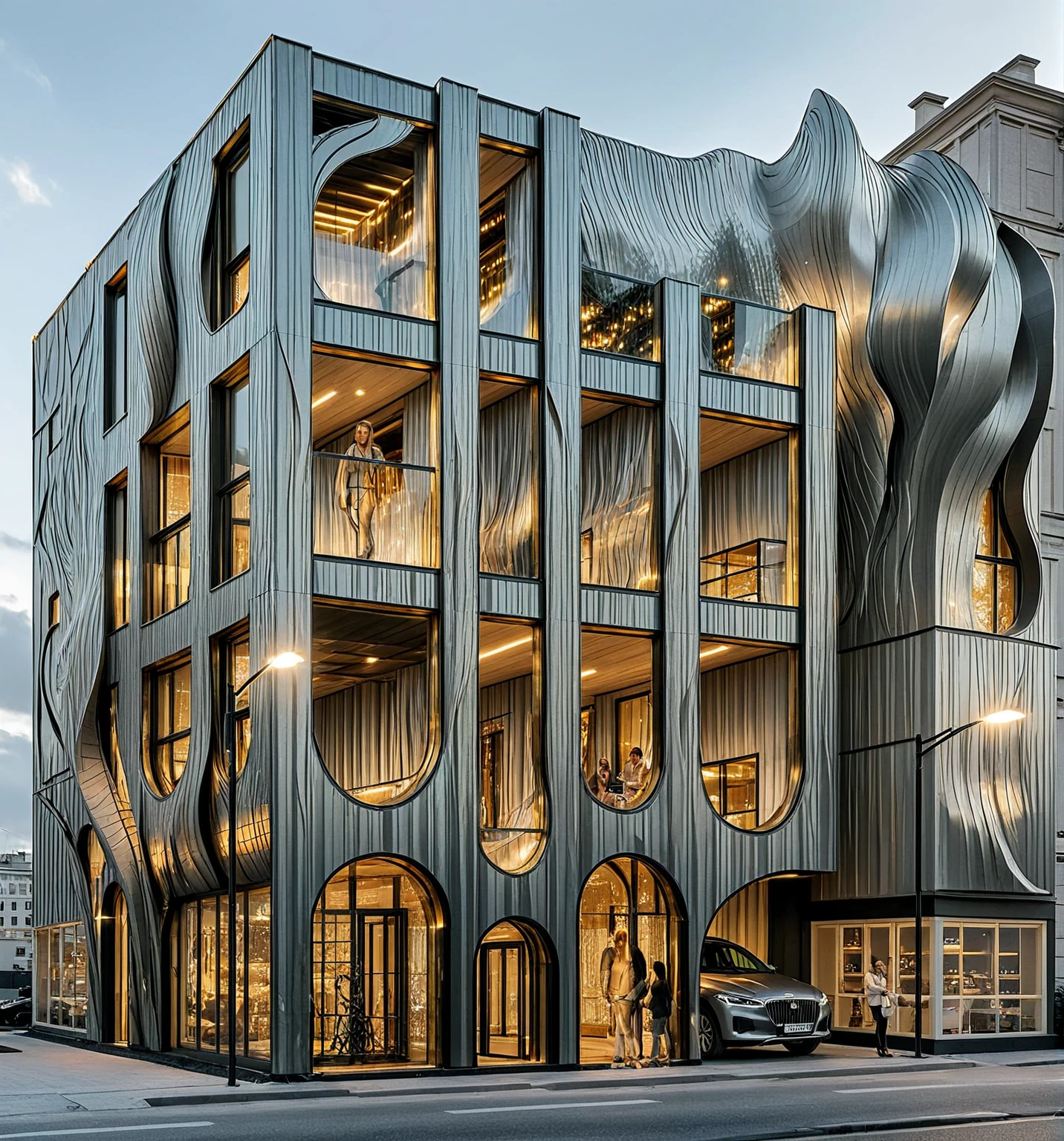 This image shows the front facade of a modern building with an innovative architectural design. The facade features large, flowing, wave-like metallic panels that appear to be draped or folded, giving it a dynamic, almost fluid look. These panels are perforated, allowing light to filter through, and they are arranged vertically across the glass-fronted structure. Behind the metal facade, warm lighting from the building’s interior creates a striking contrast, highlighting the intricate patterns and curves of the panels. The ground floor has large glass windows displaying an interior with elegant decor and product displays. The surrounding buildings have a more traditional design, emphasizing the modernity of this building. The overall atmosphere is sophisticated and futuristic.