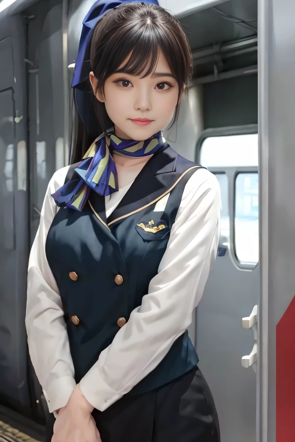 (masterpiece:1.2, Best Quality:1.2), 32K HDR,  high definition, (Alone、 1 girl)、（on board、 professional lighting）、In-flight background、（Nankai Train crew uniformを着たリアルスタイル）、（（ Nankai Train Crew Uniform Collarless Blouse Long Sleeve 、  Black Curled Culottes Skirt 、Scarf around the neck））、 dark brown hair、（ long hair、Hair tied up、 summary hair ）、 dark brown hair、 long shot 、Big Breasts、Thin legs、（（Great hands：2.0）），（（ Harmonious Body Proportions：1.5）），（（Normal limbs：2.0）），（（Normal finger：2.0）），（（Delicate eyes：2.0）），（（Normal eyes：2.0））)、smile、（Nankai Train crew uniformを見せた美しい姿）、Hands clasped underneath
