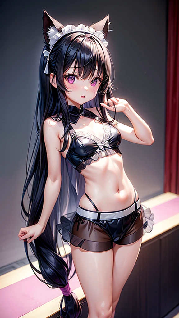 ((32k)), ((best quality)), ((ultra high res)), ((HDR)), ((UHD)), ((extremely detailed CG)), ((unity 32k wallpaper)), (((18 years old))), 1 girl, closed mouth, standing, purple eyes, swimsuit, bikini, thighs, cowboy shot, frills, indoors, hand up, stomach, white thighhighs, hand on hip, wrist cuffs, maid, maid headdress, bare arms, skindentation, detached collar, side-tie bikini bottom, white bikini, single thighhigh, string bikini, frilled bikini, bridal garter, maid bikini, smile, large breasts, (sit on the bed), (your legs wide spread), 