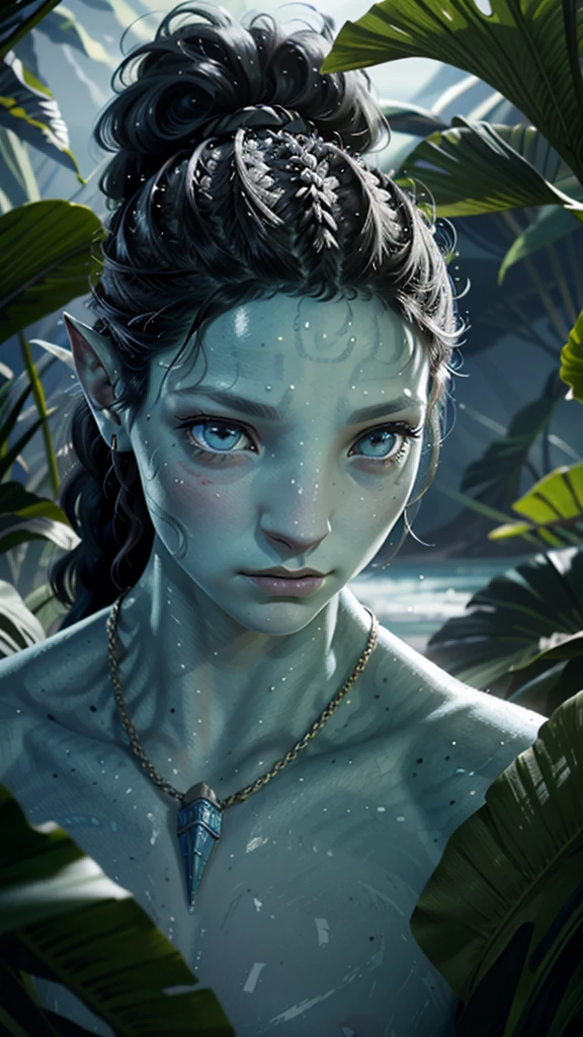 1 girl, Close Up face Portrait blue skin, Portrait, Face close-up, icy white eyes, black hair, looking at viewer, portrait, in a jungle, hyper detailed, cinematic lighting, 8k, photorealistic, smooth skin, masterpiece, award winning digital art, moody atmosphere, dramatic shadows, vibrant colors, cinematic composition, 