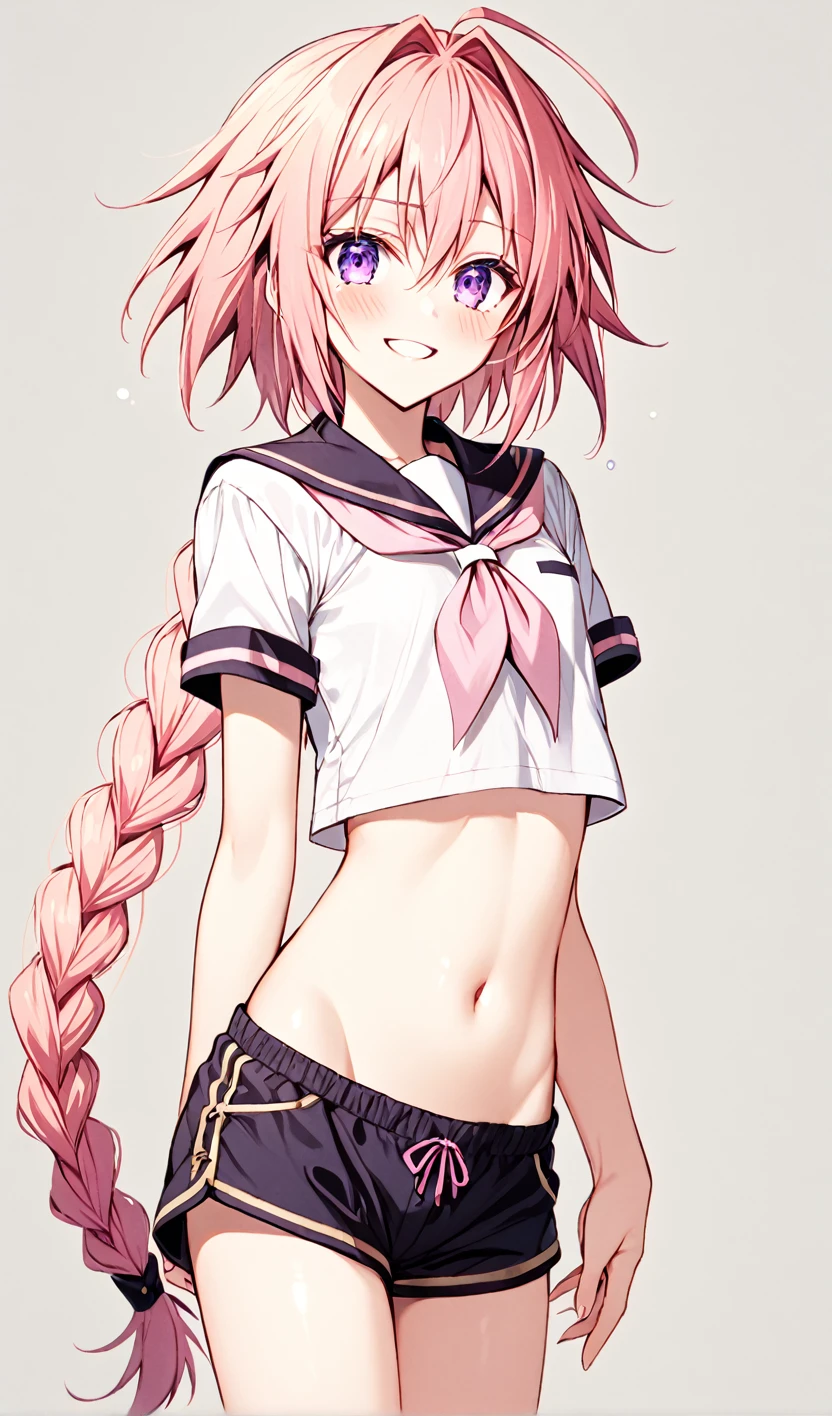 Astolfo, pretty boy, long pink hair, purple eyes, long braid, wearing a cropped sailor shirt, flat chest, shorts, cheeky smile, blush, adorable, tomboy, femboy, trap, perfect anatomy