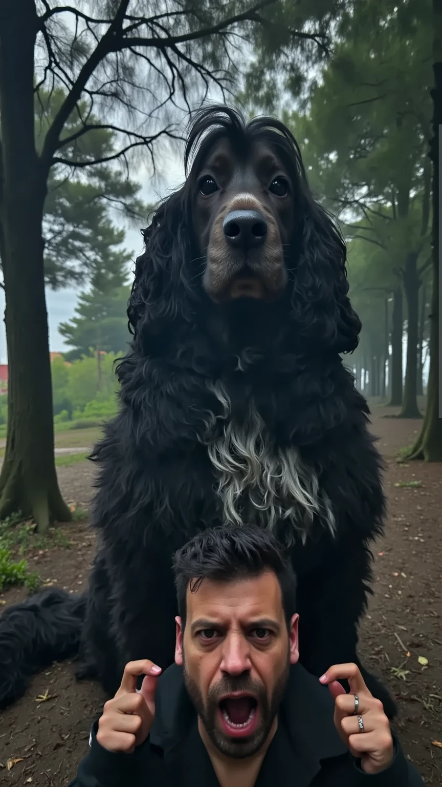 A hyper-realistic scene of a man in a Halloween costume, makeup applied to give him a haunting, spooky appearance, running with a terrified expression as a massive, giant dog chases him. The dog, dressed in a Halloween costume as well, looms over the man, its enormous size making it a dramatic and imposing figure in the scene. The background is a dark, eerie forest with twisted trees and mist, enhancing the cinematic, suspenseful atmosphere. At the top, the phrase 'Feliç Halloween!' appears in a haunting font, adding a playful, spooky touch.