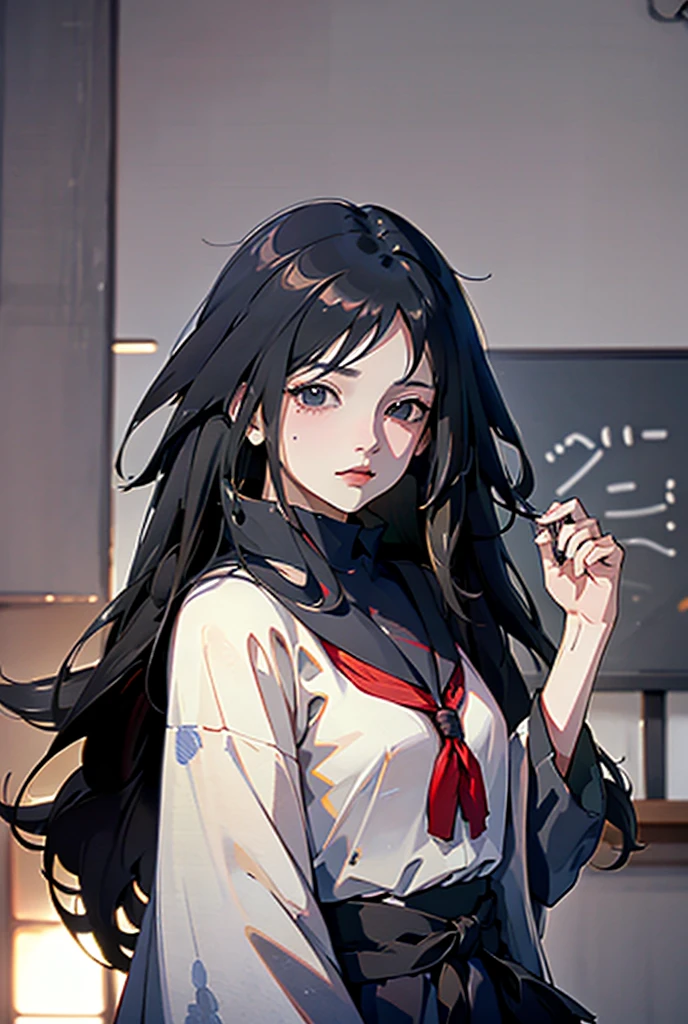 Madara Uchiha woman ,  long jet-haired in peaks ,  fringe larlo on the right side ,  black eyes , white tea,  high school uniform in classroom