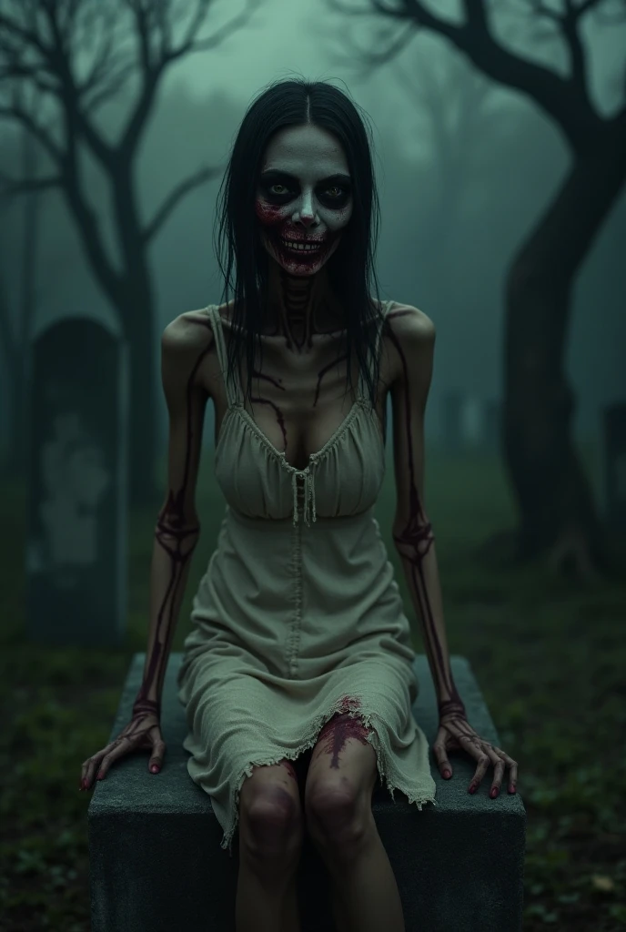 cinematic photo [parameters:  professional, 4k, highly detailed]
[location: graveyard cemetry coffin ]
[action: Anthropomorphic (woman:0.4:zombie:0.3) with demon_features]
[scene details 1: horror style bones and blood]
[scene details :  claws, fangs, organs]
[scene details 2: full moon, midnight] . . 35mm photograph, film, bokeh, professional, 4k, highly detailed
