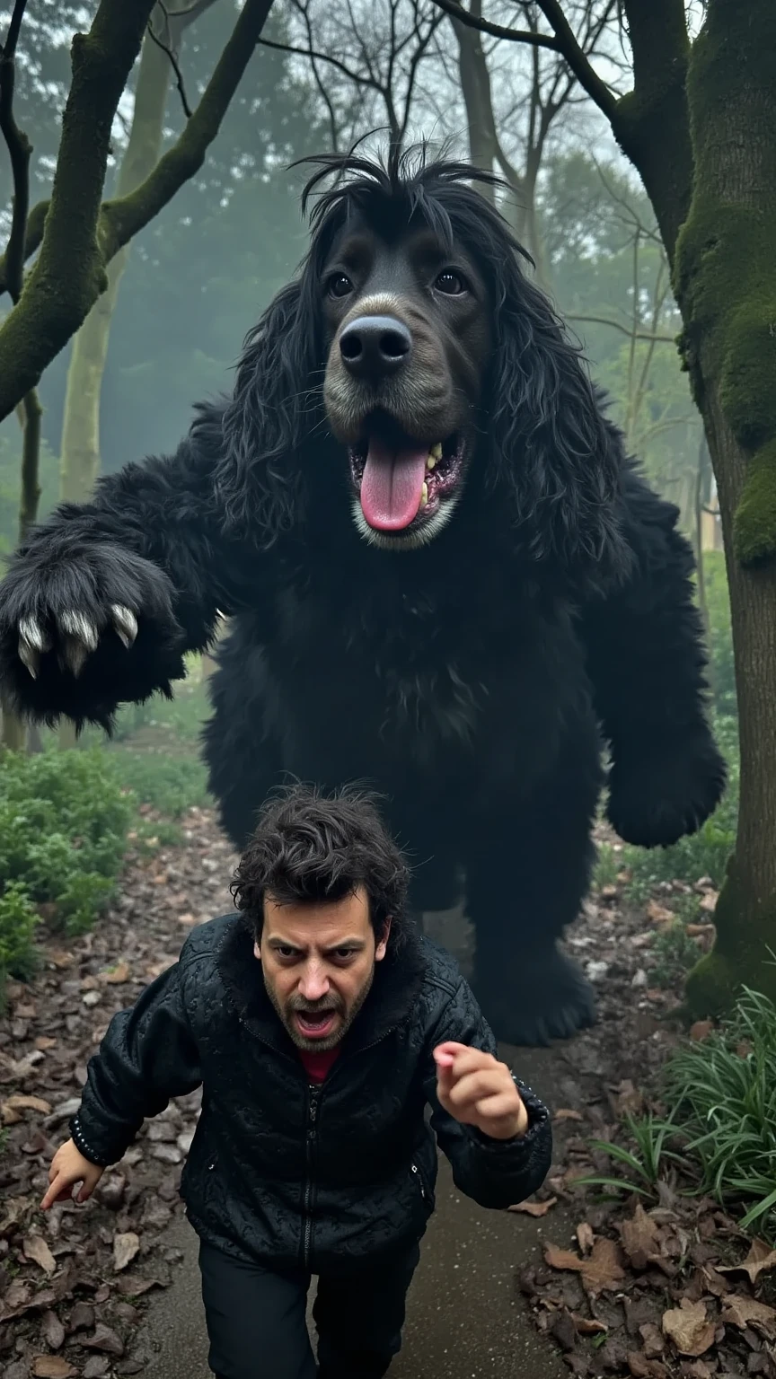 A hyper-realistic scene of a man in a Halloween costume, makeup applied to give him a haunting, spooky appearance, running with a terrified expression as a massive, giant dog chases him. The dog, dressed in a Halloween costume as well, looms over the man, its enormous size making it a dramatic and imposing figure in the scene. The background is a dark, eerie forest with twisted trees and mist, enhancing the cinematic, suspenseful atmosphere. At the top, the phrase 'Feliç Halloween!' appears in a haunting font, adding a playful, spooky touch.