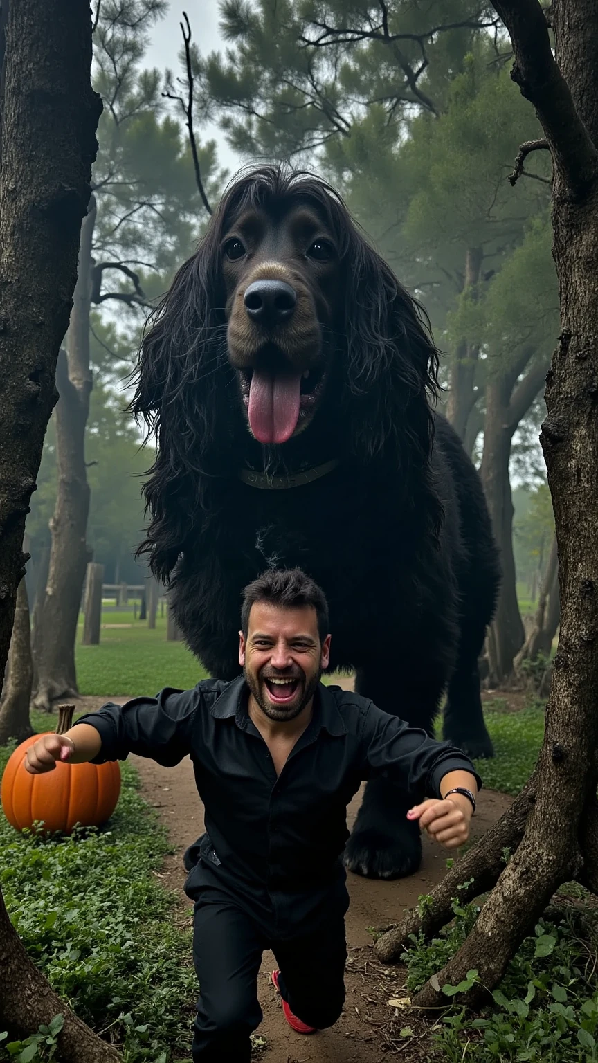 A hyper-realistic scene of a man in a Halloween costume, makeup applied to give him a haunting, spooky appearance, running with a terrified expression as a massive, giant dog chases him. The dog, dressed in a Halloween costume as well, looms over the man, its enormous size making it a dramatic and imposing figure in the scene. The background is a dark, eerie forest with twisted trees and mist, enhancing the cinematic, suspenseful atmosphere. At the top, the phrase 'Feliç Halloween!' appears in a haunting font, adding a playful, spooky touch.