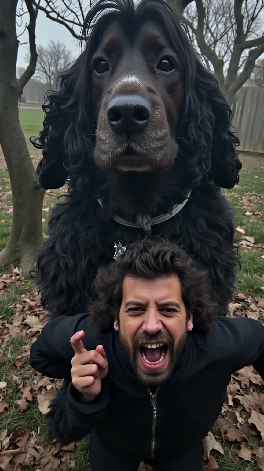 A hyper-realistic scene of a man in a Halloween costume, makeup applied to give him a haunting, spooky appearance, running with a terrified expression as a massive, giant dog chases him. The dog, dressed in a Halloween costume as well, looms over the man, its enormous size making it a dramatic and imposing figure in the scene. The background is a dark, eerie forest with twisted trees and mist, enhancing the cinematic, suspenseful atmosphere. At the top, the phrase 'Feliç Halloween!' appears in a haunting font, adding a playful, spooky touch.