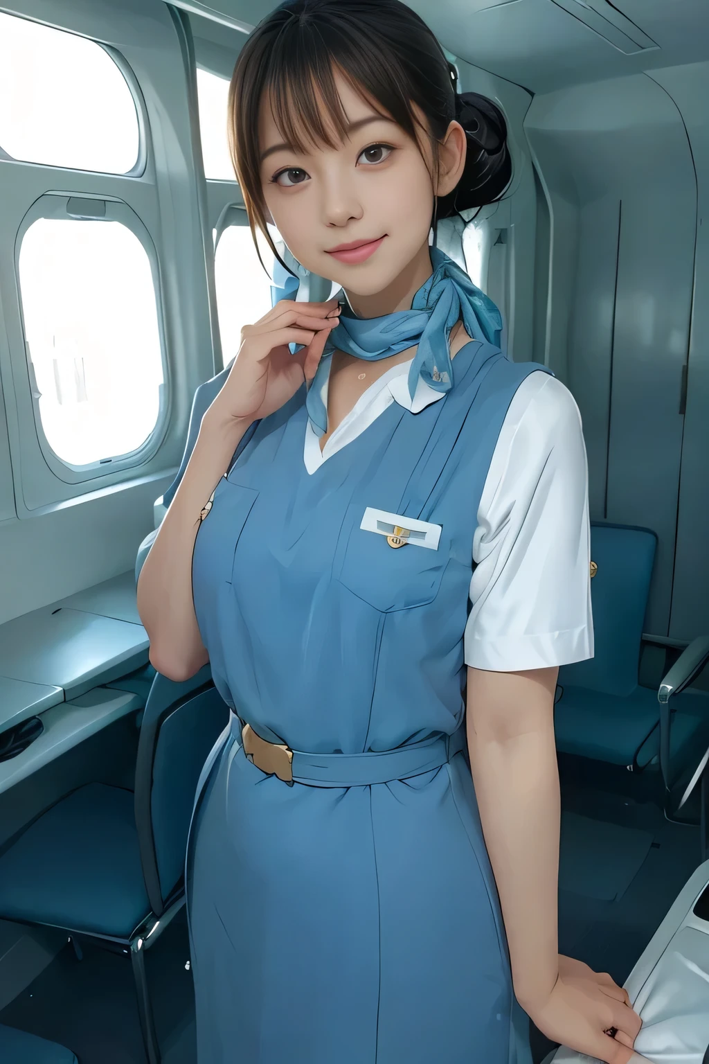 (masterpiece:1.2, Best Quality:1.2), 32kHDR, high definition, (Alone、 1 girl)、(Rooftop of a building during the day、 professional lighting)、Building rooftop background、( Realistic Style Japan Air System Flight Attendant Uniform Blue )、(( Japan Airlines System Flight Attendant Uniform Blue Jumper Skirt with Pockets on Both Sides 、 Japan Airlines System Flight Attendant Uniform Blue Jumper Skirt with Buttons on Pockets、 white short sleeve blouse 、 Light Blue Vest with Waist 、Scarf around the neck))、Dark brown hair、(Long Hair、Hair tied up、Hair tied up)、Dark brown hair、Long Hit、Big Breasts、Thin legs、((Great hands:2.0)),(( Harmonious Body Proportions :1.5)),((Normal limbs:2.0)),((Usually refers to:2.0)),(( Delicate Eyes :2.0)),((Normal eyes:2.0)))、smile、(Japan air system cabincrew uniform blueを見せた美しい立ち姿)、Hands crossed underneath