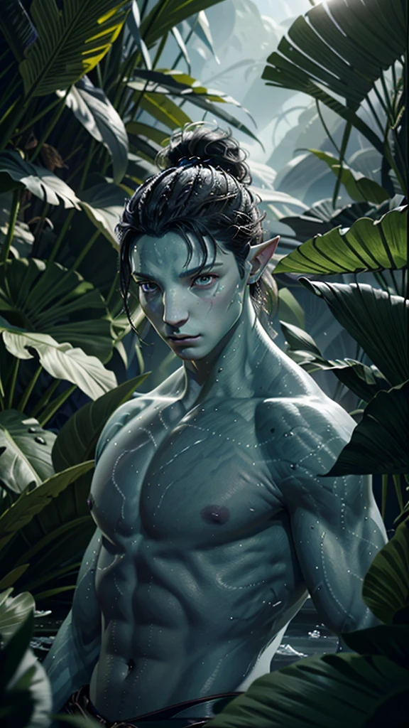 1 boy, blue skin, Portrait, icy white eyes, black hair, looking at viewer, portrait, in a jungle, hyper detailed, cinematic lighting, 8k, photorealistic, smooth skin, masterpiece, award winning digital art, moody atmosphere, dramatic shadows, vibrant colors, cinematic composition, Sexy Pose, big bulge, teasing