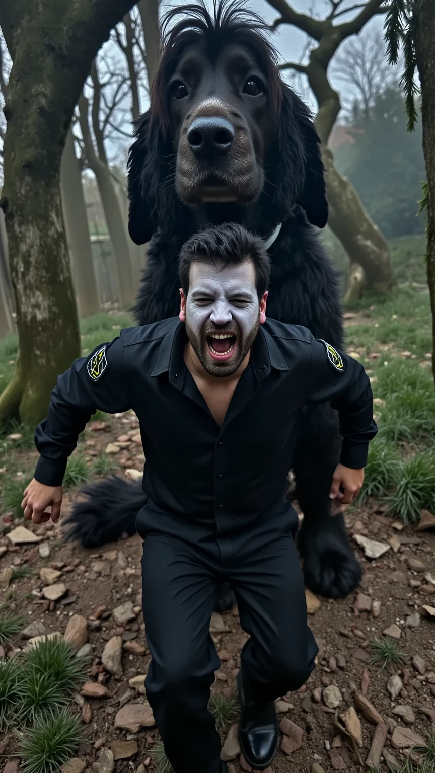 A hyper-realistic scene of a man in a Halloween costume, makeup applied to give him a haunting, spooky appearance, running with a terrified expression as a massive, giant dog chases him. The dog, dressed in a Halloween costume as well, looms over the man, its enormous size making it a dramatic and imposing figure in the scene. The background is a dark, eerie forest with twisted trees and mist, enhancing the cinematic, suspenseful atmosphere. At the top, the phrase 'Feliç Halloween!' appears in a haunting font, adding a playful, spooky touch.