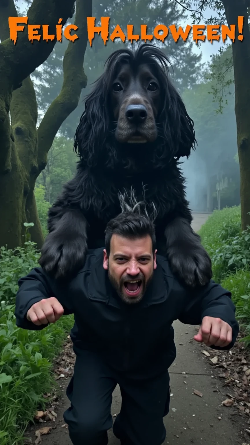 A hyper-realistic scene of a man in a Halloween costume, makeup applied to give him a haunting, spooky appearance, running with a terrified expression as a massive, giant dog chases him. The dog, dressed in a Halloween costume as well, looms over the man, its enormous size making it a dramatic and imposing figure in the scene. The background is a dark, eerie forest with twisted trees and mist, enhancing the cinematic, suspenseful atmosphere. At the top, the phrase 'Feliç Halloween!' appears in a haunting font, adding a playful, spooky touch.