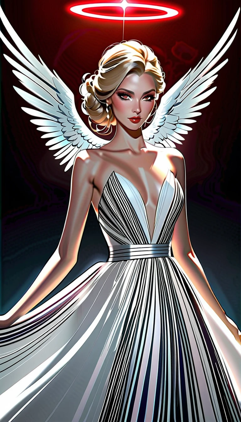 [in style of Hans Hartung],in style of Carolina Herrera-【Gorgeous clothing designer】-,in style of Charlie Bowater White Angel，The only thing that glows is the halo，Black and red radiate，