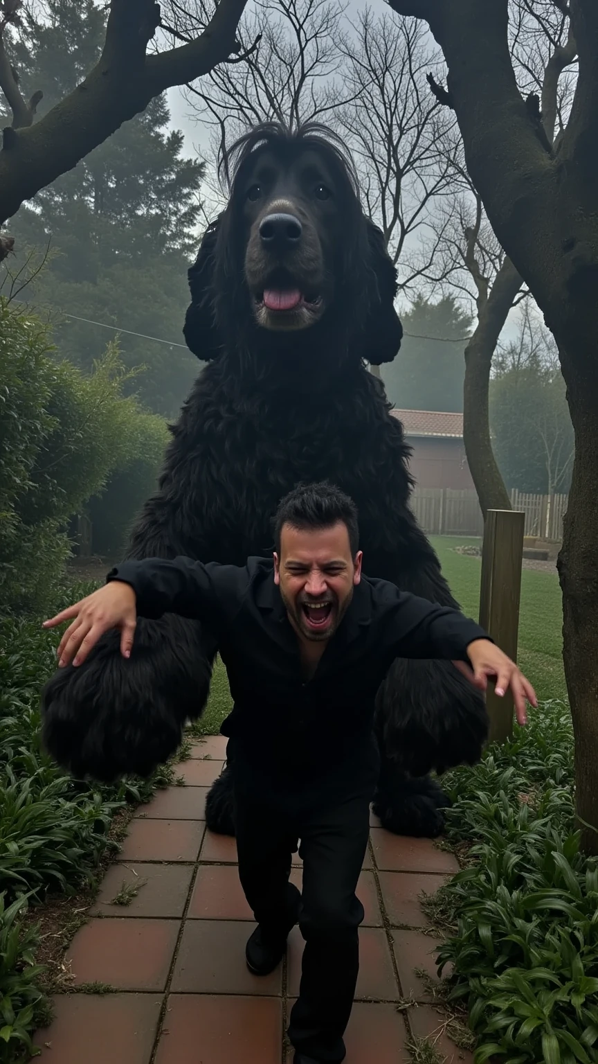 A hyper-realistic scene of a man in a Halloween costume, makeup applied to give him a haunting, spooky appearance, running with a terrified expression as a massive, giant dog chases him. The dog, dressed in a Halloween costume as well, looms over the man, its enormous size making it a dramatic and imposing figure in the scene. The background is a dark, eerie forest with twisted trees and mist, enhancing the cinematic, suspenseful atmosphere. At the top, the phrase 'Feliç Halloween!' appears in a haunting font, adding a playful, spooky touch.