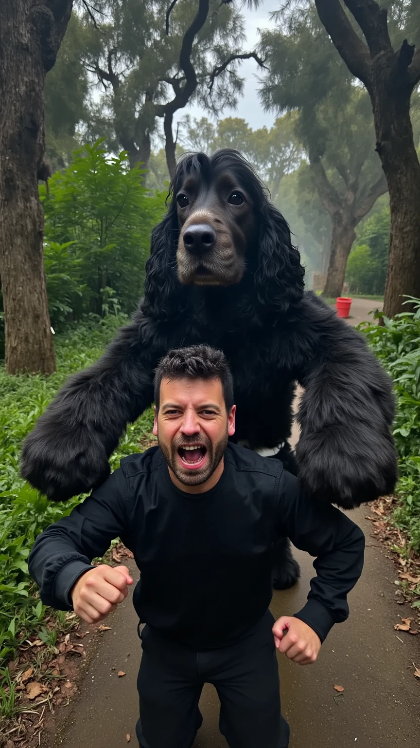 A hyper-realistic scene of a man in a Halloween costume, makeup applied to give him a haunting, spooky appearance, running with a terrified expression as a massive, giant dog chases him. The dog, dressed in a Halloween costume as well, looms over the man, its enormous size making it a dramatic and imposing figure in the scene. The background is a dark, eerie forest with twisted trees and mist, enhancing the cinematic, suspenseful atmosphere. At the top, the phrase 'Feliç Halloween!' appears in a haunting font, adding a playful, spooky touch.