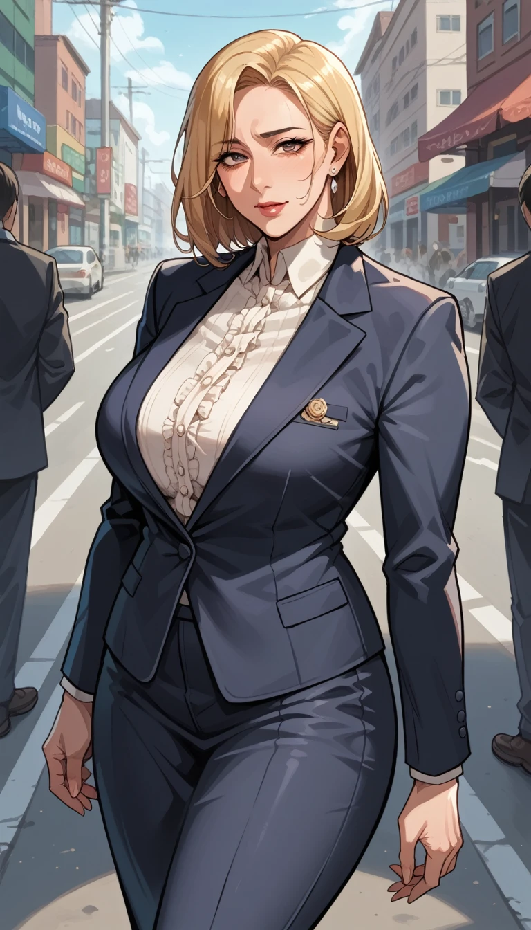  score_9,  score_8_up,  score_7_up,  score_6_up,  score_5_up,  score_4_up,  highest quality,  high quality,  Details,  high definition, 8k, 超 high definition,suit,On the road, 50 year old mature woman, anatomically correct , perfect face, beautiful eyes, beautiful skin in NFSW, BREAK center part, medium hair,Blonde,Side bangs,Side Curl,