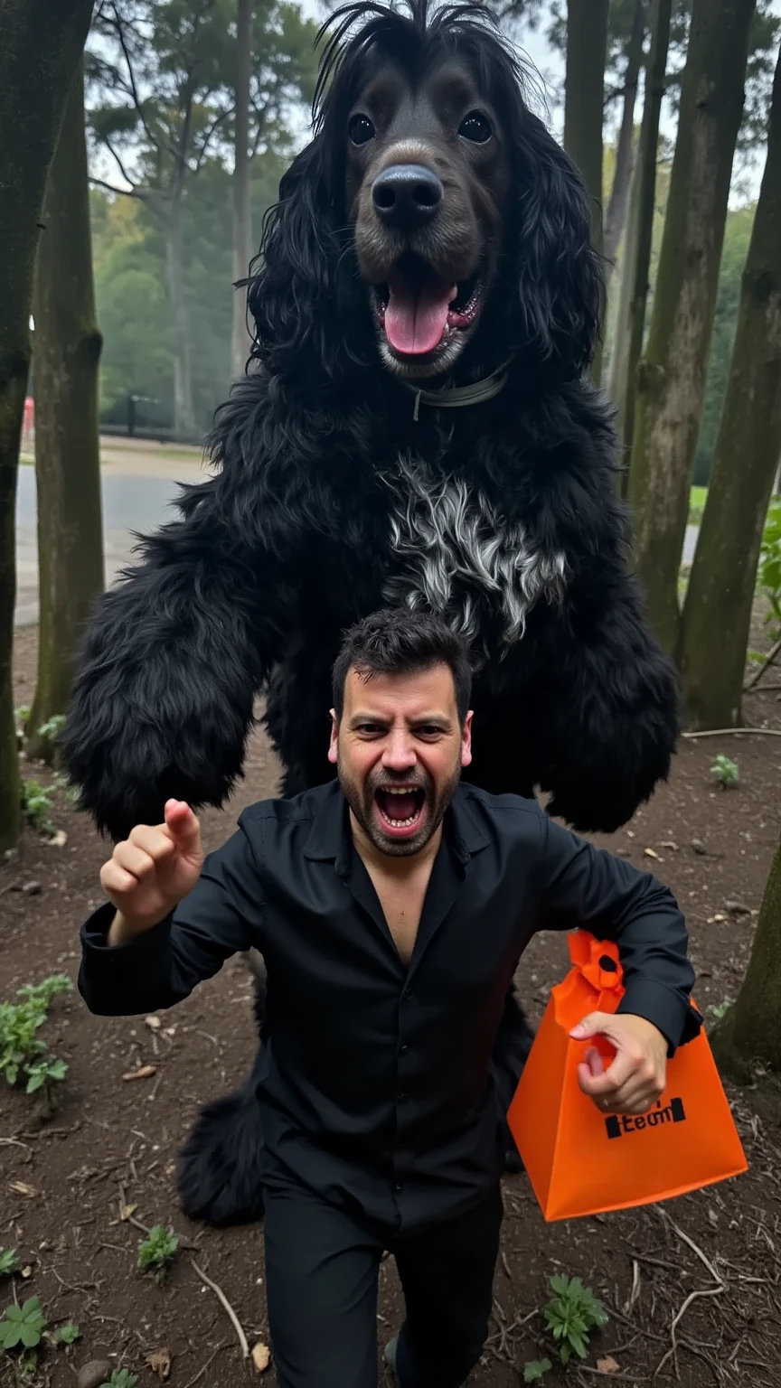 A hyper-realistic scene of a man in a Halloween costume, makeup applied to give him a haunting, spooky appearance, running with a terrified expression as a massive, giant dog chases him. The dog, dressed in a Halloween costume as well, looms over the man, its enormous size making it a dramatic and imposing figure in the scene. The background is a dark, eerie forest with twisted trees and mist, enhancing the cinematic, suspenseful atmosphere. At the top, the phrase 'Feliç Halloween!' appears in a haunting font, adding a playful, spooky touch.