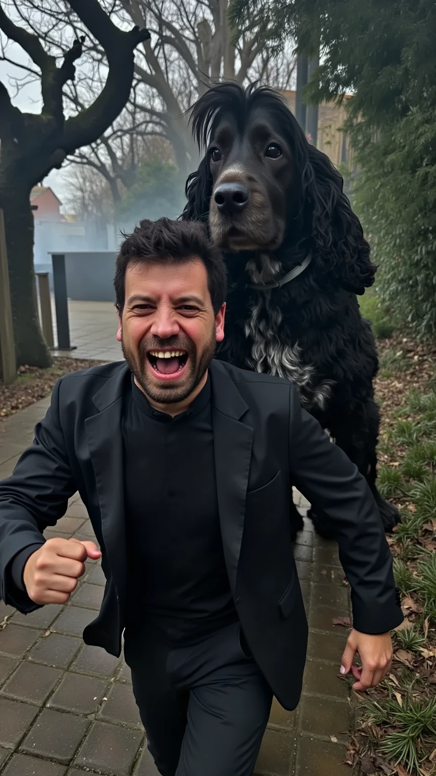 A hyper-realistic scene of a man in a Halloween costume, makeup applied to give him a haunting, spooky appearance, running with a terrified expression as a massive, giant dog chases him. The dog, dressed in a Halloween costume as well, looms over the man, its enormous size making it a dramatic and imposing figure in the scene. The background is a dark, eerie forest with twisted trees and mist, enhancing the cinematic, suspenseful atmosphere. At the top, the phrase 'Feliç Halloween!' appears in a haunting font, adding a playful, spooky touch.