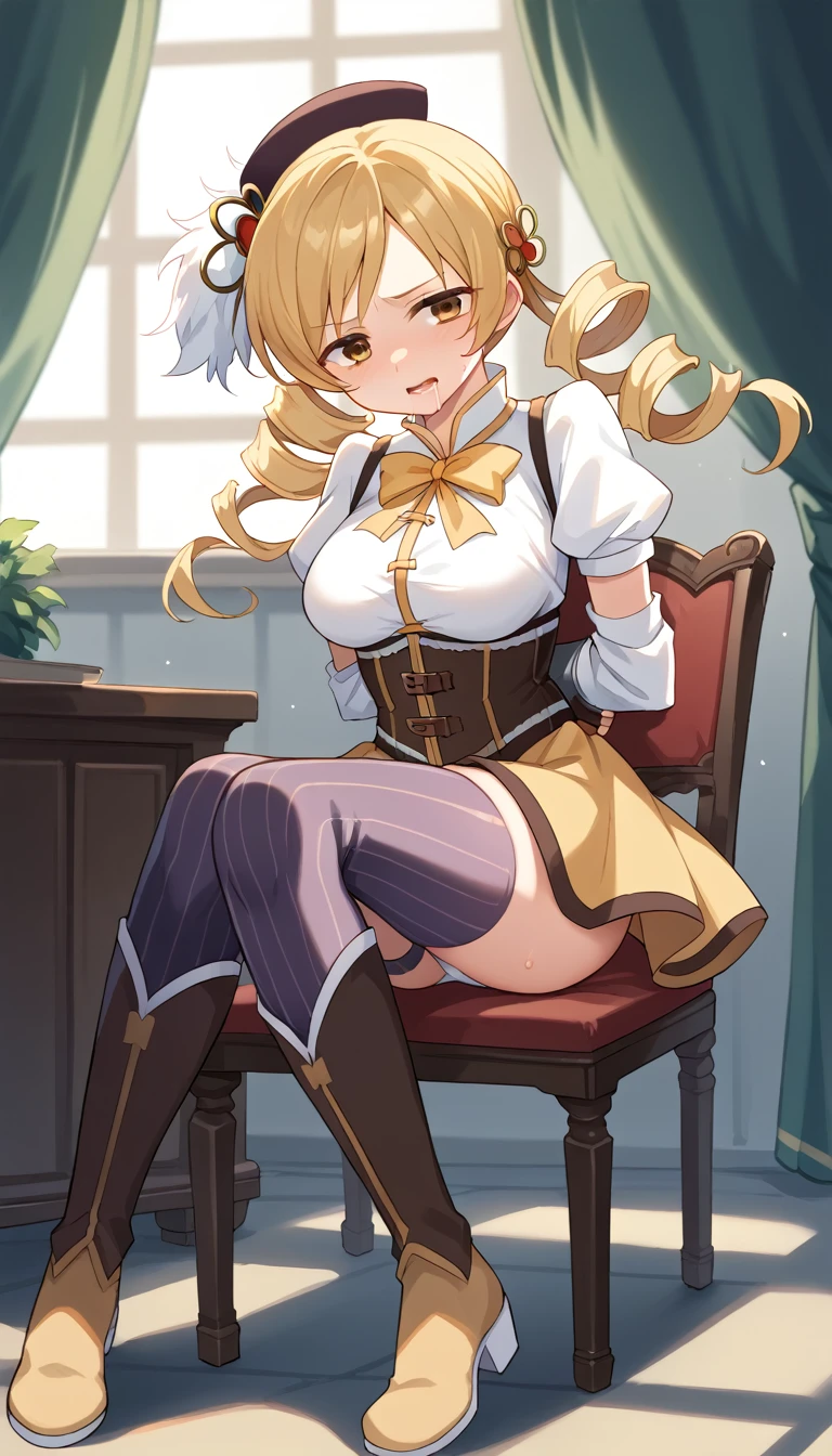 1girl,mami tomoe, blonde hair, drill hair, twin drills, yellow eyes, boots, brown footwear, brown gloves, corset, detached sleeves, fingerless gloves, gloves, hat, juliet sleeves, knee boots, long sleeves, magical girl, puffy sleeves, skirt, striped, striped thighhighs, thighhighs, thighs, vertical stripes, vertical-striped thighhighs, yellow skirt ,white underwear ,looking at viewer,(sweat:1.1),(drooling:1.5)(city:1.0)(big breasts;1.4) BDSM,(tied to chair:1.3)(tied breatests) thigh strap,(defiant look:1.3)  (restrained:1.3)(Urinating:1.2)
