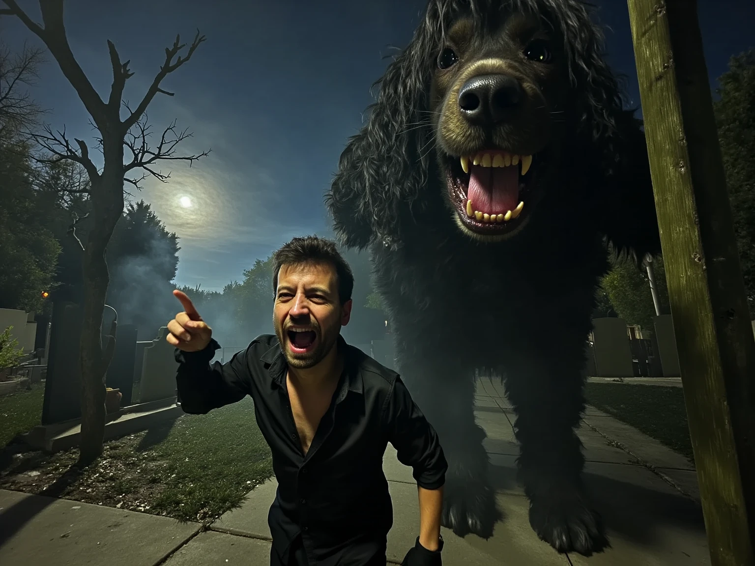 Hyperrealistic night scene capturing a terrified pale-faced man in mid-sprint, wearing a disheveled black silk shirt and billowing cape, fear etched across his face with beads of sweat catching moonlight. Behind him, emerging from dense fog, looms a massive, nightmarish canine creature standing 8 feet tall on muscular humanoid legs. The beast's face features blood-red glowing eyes, exaggerated elongated jaw with hyperrealistic dripping saliva, massive yellowed fangs catching moonlight, and matted fur with areas revealing scarred skin underneath. Its humanoid body is covered in dense, tangled dark fur with visible battle scars, rippling muscles visible through the coat, and massive clawed hands reaching toward its prey. The creature's posture is primal and predatory, muscles tensed mid-chase. The scene is set in an ancient cemetery with gothic elements: toppled gravestones, gnarled dead trees with twisted branches like claws, and a massive harvest moon casting harsh shadows. Atmospheric elements include swirling fog at ground level, autumn leaves caught in the wind, and volumetric moonlight cutting through bare branches. Dynamic motion blur suggests intense movement while maintaining crystal-clear detail on key elements. Style: Ultra HD 8K resolution, shot on ARRI Alexa camera, horror movie lighting with strong contrast, ray-traced volumetric fog, photorealistic fur and fabric physics, cinematic color grading emphasizing cool moonlight against warm accent lights, extreme attention to micro-expressions of terror, professional creature design inspired by John Carpenter's practical effects, dramatic Dutch angle composition, no AI artifacts.