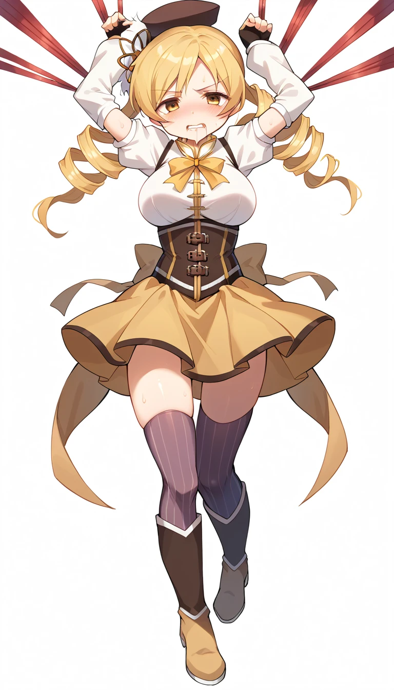 1girl,mami tomoe, blonde hair, drill hair, twin drills, yellow eyes, boots, brown footwear, brown gloves, corset, detached sleeves, fingerless gloves, gloves, hat, juliet sleeves, knee boots, long sleeves, magical girl, puffy sleeves, skirt, striped, striped thighhighs, thighhighs, thighs, vertical stripes, vertical-striped thighhighs, yellow skirt ,white underwear ,looking at viewer,(sweat:1.1),(drooling:1.5)(city:1.0)(big breasts;1.4) BDSM,(SM Training:1.3) thigh strap,(defiant look:1.3)  (restrained:1.3)
