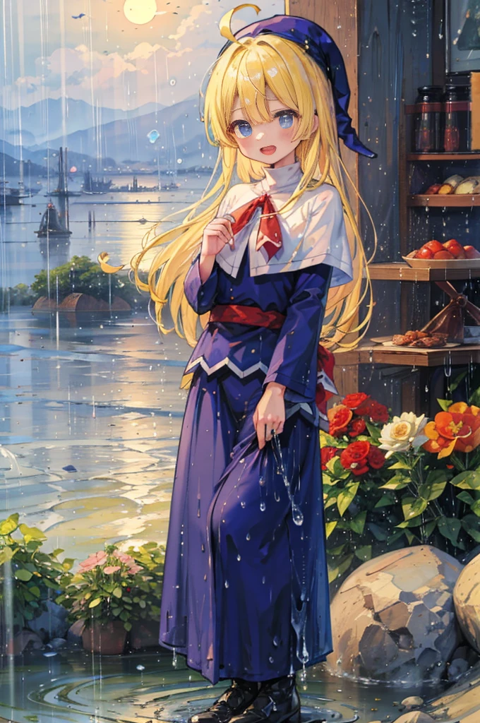 (8k,  Super High Quality , masterpiece:1.2),  ultra high resolution, cute,  girl, solo, whole body, Puyo Puyo's witch, Blonde, Blue Eyes , blue headwear ,  blue based robe,  red ribbon, White capelet, Ahoge,  long skirt , heavy rain, Heavy rain, like, Bright smile,  innocent face , Open your mouth, soaked, whole bodyに水滴,  with their bodies glued together , 