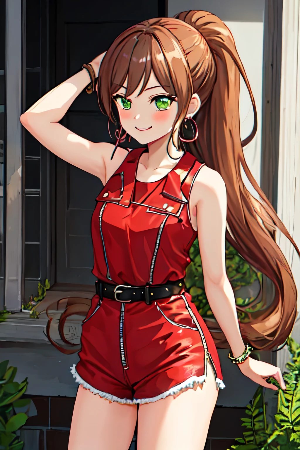 best quality, masterpiece, highres, solo, singlet, levis, {imai_lisa_bangdream:1.15}, brown_hair, long_hair, bangs, smile, jewelry, green_eyes, earrings, blush, ponytail, sidelocks, score_9, score_8_up, score_7_up, source anime)