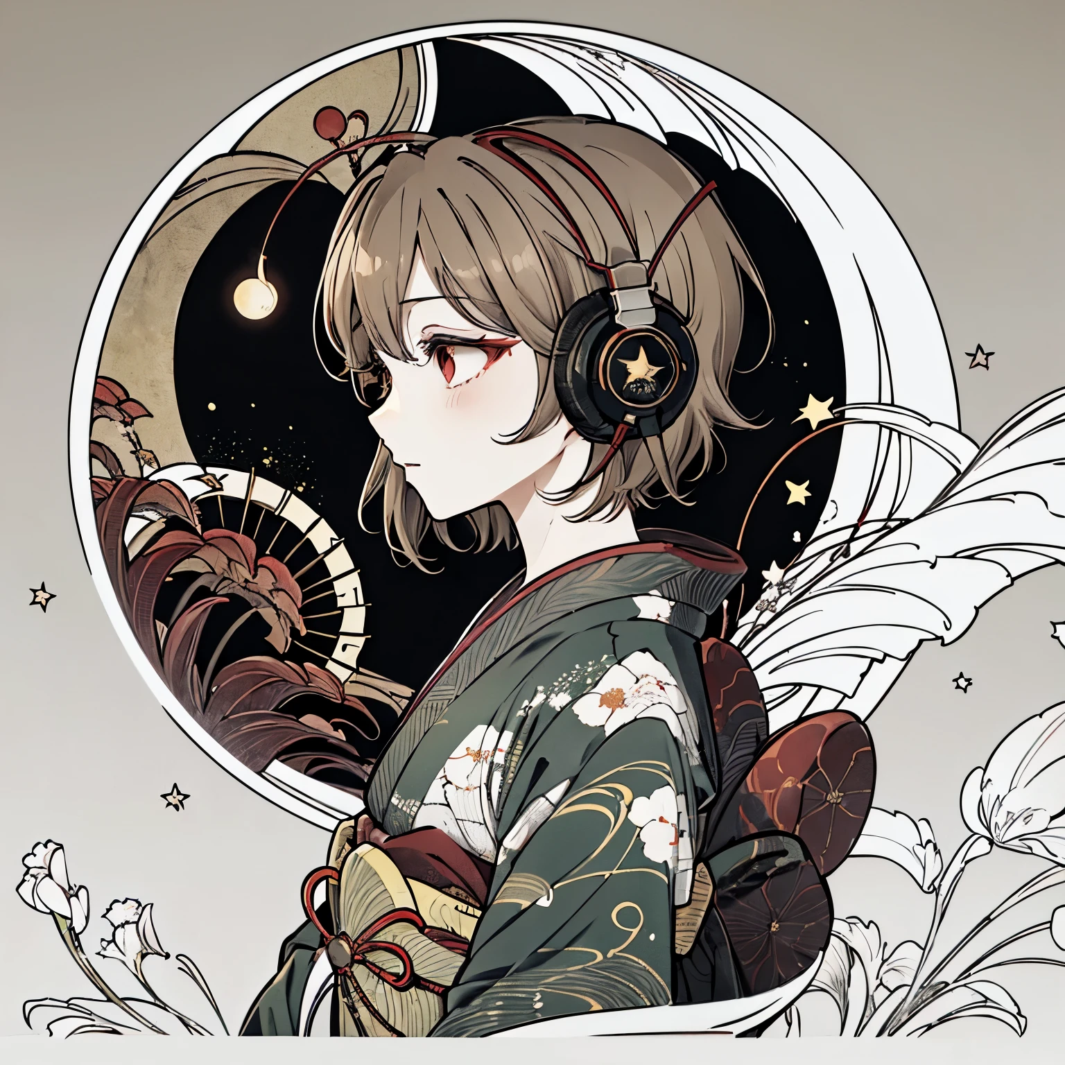 Highest quality, Tabletop, (girl, kimono, Red eyes, profile, Wavy short hair, Brown Hair, Upper Body), (moon, Greenish foliage), Long eyelashes, alone, firework, ((background: night, starry sky)), ((headphones)), ((ukiyo-e style)),