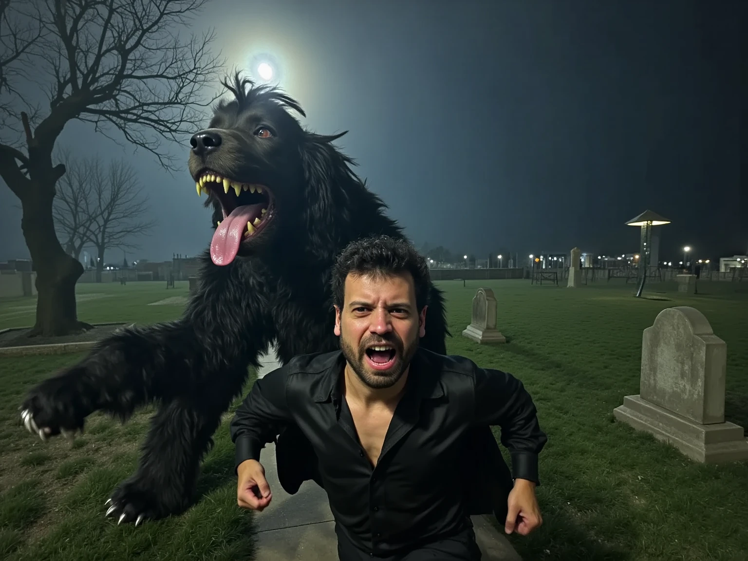 Hyperrealistic night scene capturing a terrified pale-faced man in mid-sprint, wearing a disheveled black silk shirt and billowing cape, fear etched across his face with beads of sweat catching moonlight. Behind him, emerging from dense fog, looms a massive, nightmarish canine creature standing 8 feet tall on muscular humanoid legs. The beast's face features blood-red glowing eyes, exaggerated elongated jaw with hyperrealistic dripping saliva, massive yellowed fangs catching moonlight, and matted fur with areas revealing scarred skin underneath. Its humanoid body is covered in dense, tangled dark fur with visible battle scars, rippling muscles visible through the coat, and massive clawed hands reaching toward its prey. The creature's posture is primal and predatory, muscles tensed mid-chase. The scene is set in an ancient cemetery with gothic elements: toppled gravestones, gnarled dead trees with twisted branches like claws, and a massive harvest moon casting harsh shadows. Atmospheric elements include swirling fog at ground level, autumn leaves caught in the wind, and volumetric moonlight cutting through bare branches. Dynamic motion blur suggests intense movement while maintaining crystal-clear detail on key elements. Style: Ultra HD 8K resolution, shot on ARRI Alexa camera, horror movie lighting with strong contrast, ray-traced volumetric fog, photorealistic fur and fabric physics, cinematic color grading emphasizing cool moonlight against warm accent lights, extreme attention to micro-expressions of terror, professional creature design inspired by John Carpenter's practical effects, dramatic Dutch angle composition, no AI artifacts.