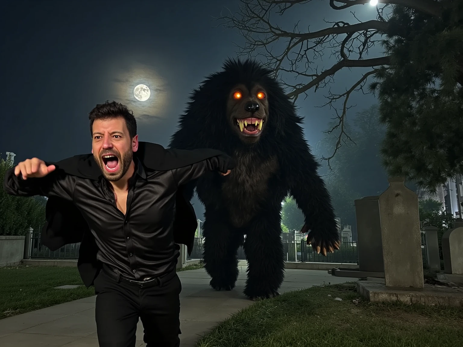 Hyperrealistic night scene capturing a terrified pale-faced man in mid-sprint, wearing a disheveled black silk shirt and billowing cape, fear etched across his face with beads of sweat catching moonlight. Behind him, emerging from dense fog, looms a massive, nightmarish canine creature standing 8 feet tall on muscular humanoid legs. The beast's face features blood-red glowing eyes, exaggerated elongated jaw with hyperrealistic dripping saliva, massive yellowed fangs catching moonlight, and matted fur with areas revealing scarred skin underneath. Its humanoid body is covered in dense, tangled dark fur with visible battle scars, rippling muscles visible through the coat, and massive clawed hands reaching toward its prey. The creature's posture is primal and predatory, muscles tensed mid-chase. The scene is set in an ancient cemetery with gothic elements: toppled gravestones, gnarled dead trees with twisted branches like claws, and a massive harvest moon casting harsh shadows. Atmospheric elements include swirling fog at ground level, autumn leaves caught in the wind, and volumetric moonlight cutting through bare branches. Dynamic motion blur suggests intense movement while maintaining crystal-clear detail on key elements. Style: Ultra HD 8K resolution, shot on ARRI Alexa camera, horror movie lighting with strong contrast, ray-traced volumetric fog, photorealistic fur and fabric physics, cinematic color grading emphasizing cool moonlight against warm accent lights, extreme attention to micro-expressions of terror, professional creature design inspired by John Carpenter's practical effects, dramatic Dutch angle composition, no AI artifacts.