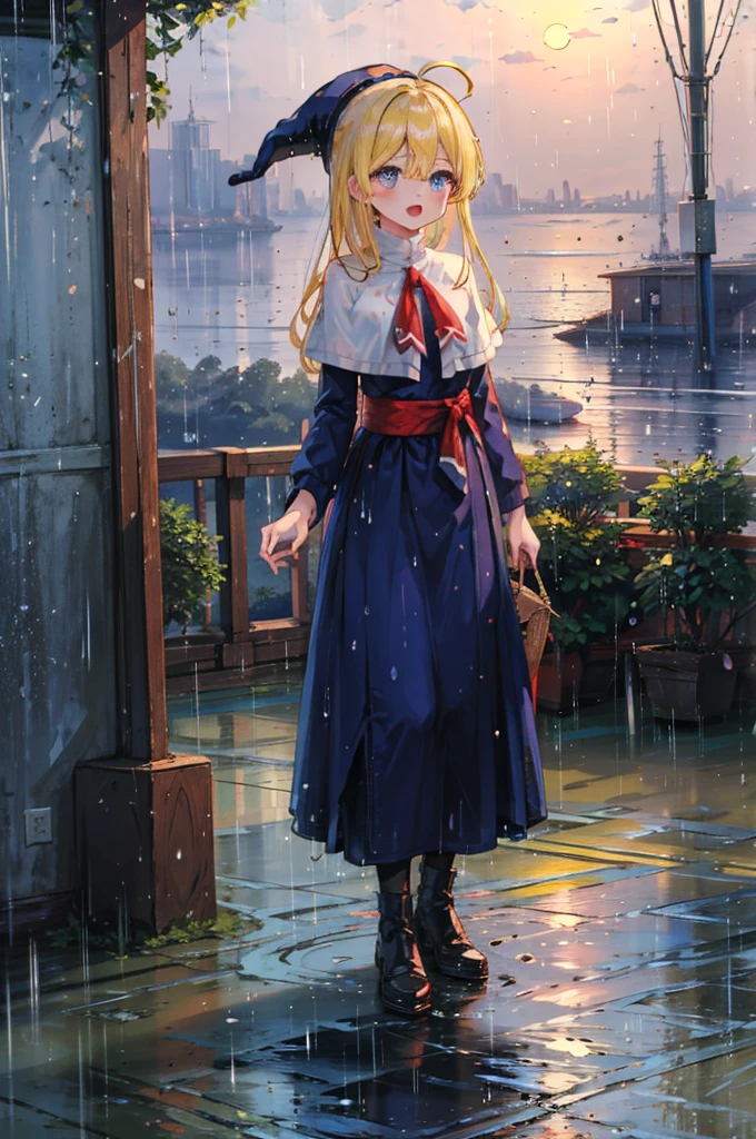 (8k,  Super High Quality , masterpiece:1.2),  ultra high resolution, cute,  girl, solo, whole body, Puyo Puyo's witch, Blonde, Blue Eyes , blue headwear ,  blue based robe,  red ribbon, White capelet, Ahoge,  long skirt , heavy rain, Heavy rain, like, Bright smile,  innocent face , Open your mouth, soaked, whole bodyに水滴,  with their bodies glued together , 