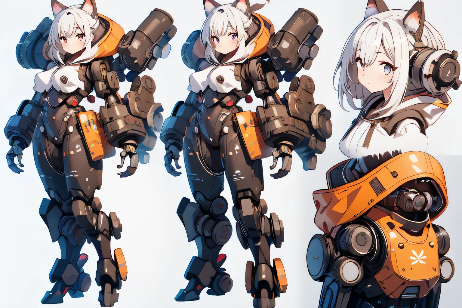 reference sheet, character design, absurdres, highres, ultra detailed, (cute,kawaii:1.2),
(1girl:1.4),oversized hooded jacket, bodysuit, cyborg girl,
hyper gigantic mechanical arms,dynamic pose, holding huge weapon,
nice hands, perfect hands, simple background, white background, 