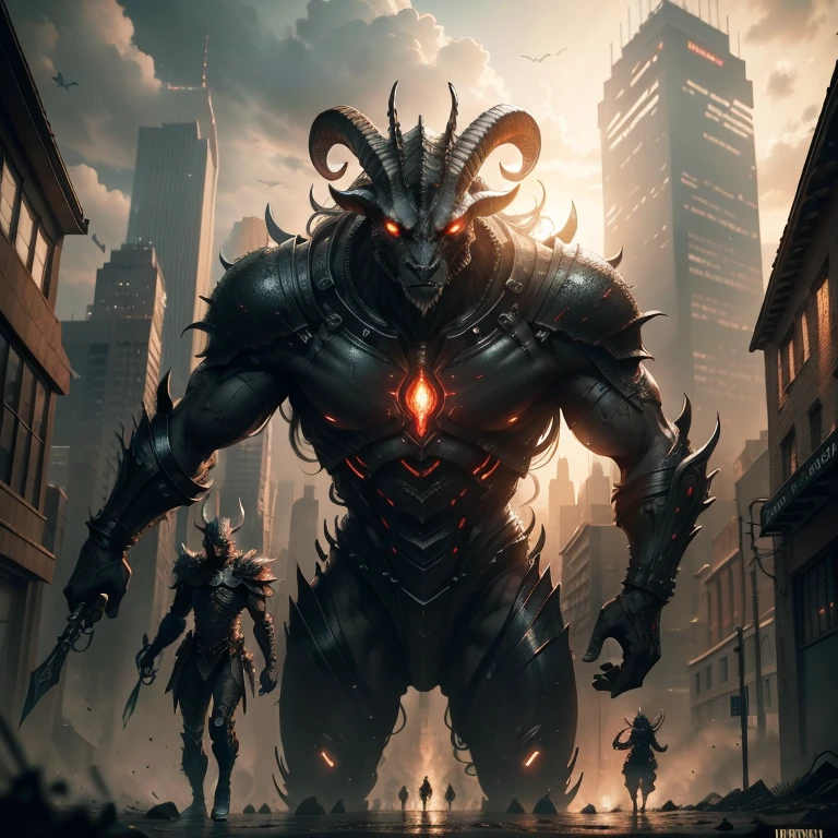 Alien armies invade cities，Goat-faced demon ，Wear military uniforms，Pick up the axe，red - eyed，unholy，Fierce，rampage ，Powerful，Stand at the highest part of the city，Observe the city，Below is the army of demons，Epic war fantasy digital art，Epic Technology, fantasy, Digital art，Futuristic fantasy，tmasterpiece，high qulity，8K，UHD resolution，Detailed detail drawing，realisticlying，Very realistic，cinmatic lighting,an award winning photograph,rich colours，hyper realistic lifelike texture，dramatic  lighting